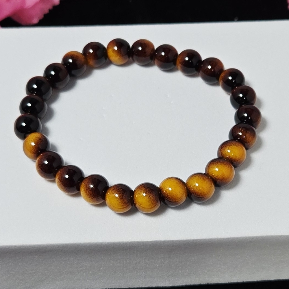Tiger Eye Stretch Bracelet Brown Gold 8mm Beaded Unisex Crystal Style Modern